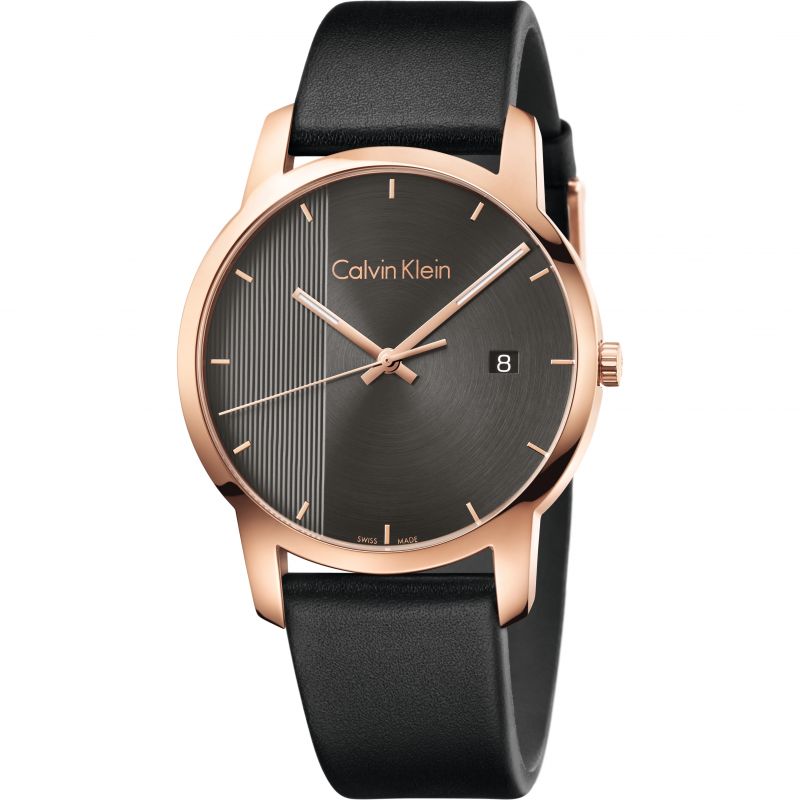 Calvin Klein City Grey Dial Black Leather Strap Watch For Men - K2G21107